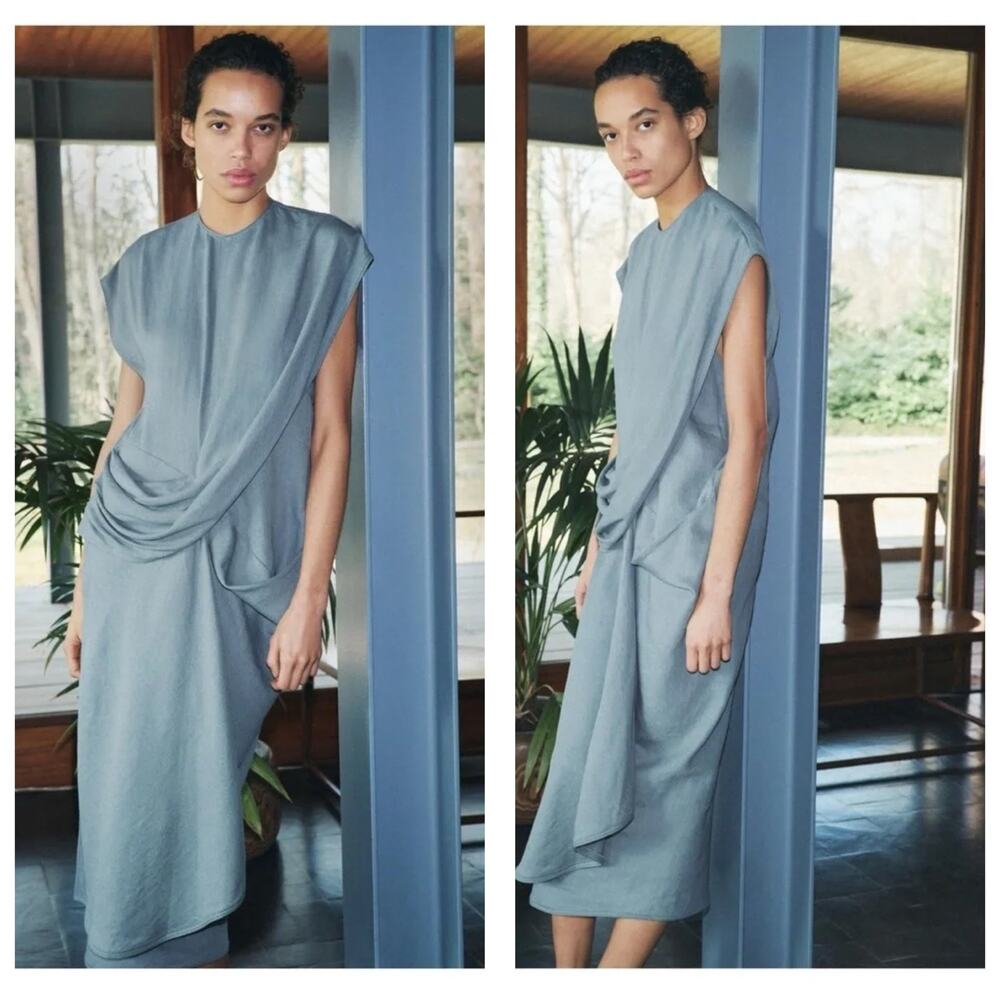 NWT Zara ZW Collection Duck Blue Linen-Blend Draped Dress Size Medium 2714/586